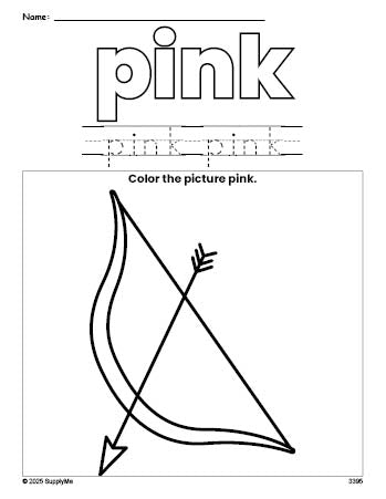 Free Valentine's Day bow and arrow color pink coloring page and color worksheet, pink worksheet for preschoolers to learn colors, printable PDF