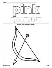 Free Valentine's Day bow and arrow color pink coloring page and color worksheet, pink worksheet for preschoolers to learn colors, printable PDF