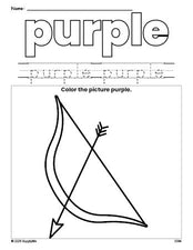 Free Valentine's Day bow and arrow color purple coloring page and color worksheet, purple worksheet for preschoolers to learn colors, printable PDF