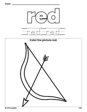 Free Valentine's Day bow and arrow color red coloring page and color worksheet, red worksheet for preschoolers to learn colors, printable PDF