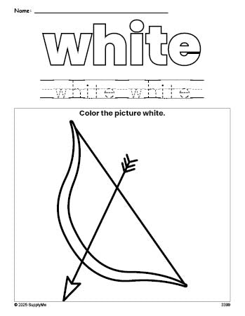 Free Valentine's Day bow and arrow color white coloring page and color worksheet, white worksheet for preschoolers to learn colors, printable PDF