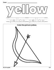 Free Valentine's Day bow and arrow color yellow coloring page and color worksheet, yellow worksheet for preschoolers to learn colors, printable PDF