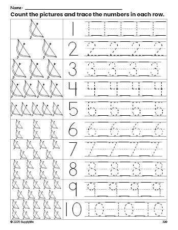 Free printable Valentine's Day bow and arrow counting worksheet for preschool and pre-k with number tracing practice 1-10, PDF