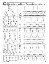 Free printable Valentine's Day bow and arrow counting worksheet for preschool and pre-k with number tracing practice 1-10, PDF