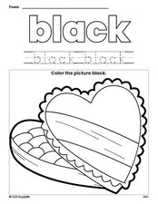 Free Valentine's Day chocolates color black coloring page and color worksheet, black worksheet for preschoolers to learn colors, printable PDF