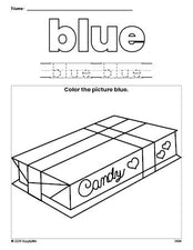 Free Valentine's Day chocolates color blue coloring page and color worksheet, blue worksheet for preschoolers to learn colors, printable PDF