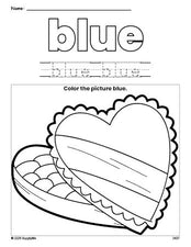 Free Valentine's Day chocolates color blue coloring page and color worksheet, blue worksheet for preschoolers to learn colors, printable PDF