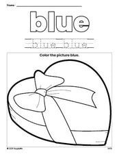 Free Valentine's Day chocolates color blue coloring page and color worksheet, blue worksheet for preschoolers to learn colors, printable PDF