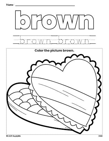 Free Valentine's Day chocolates color brown coloring page and color worksheet, brown worksheet for preschoolers to learn colors, printable PDF