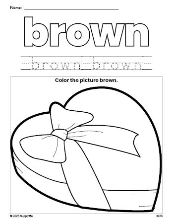 Free Valentine's Day chocolates color brown coloring page and color worksheet, brown worksheet for preschoolers to learn colors, printable PDF