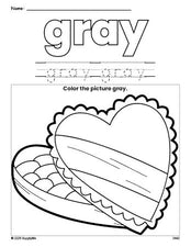 Free Valentine's Day chocolates color gray coloring page and color worksheet, gray worksheet for preschoolers to learn colors, printable PDF