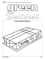 Free Valentine's Day chocolates color green coloring page and color worksheet, green worksheet for preschoolers to learn colors, printable PDF