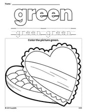 Free Valentine's Day chocolates color green coloring page and color worksheet, green worksheet for preschoolers to learn colors, printable PDF