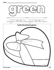 Free Valentine's Day chocolates color green coloring page and color worksheet, green worksheet for preschoolers to learn colors, printable PDF