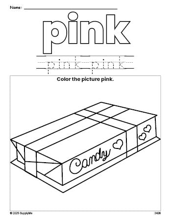 Free Valentine's Day chocolates color pink coloring page and color worksheet, pink worksheet for preschoolers to learn colors, printable PDF