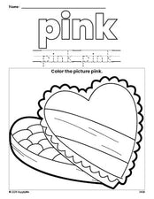 Free Valentine's Day chocolates color pink coloring page and color worksheet, pink worksheet for preschoolers to learn colors, printable PDF