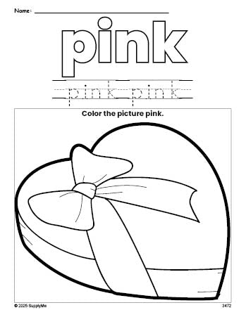 Free Valentine's Day chocolates color pink coloring page and color worksheet, pink worksheet for preschoolers to learn colors, printable PDF