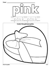 Free Valentine's Day chocolates color pink coloring page and color worksheet, pink worksheet for preschoolers to learn colors, printable PDF