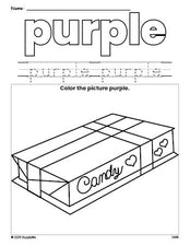 Free Valentine's Day chocolates color purple coloring page and color worksheet, purple worksheet for preschoolers to learn colors, printable PDF