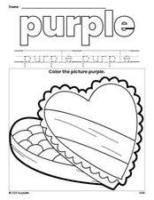 Free Valentine's Day chocolates color purple coloring page and color worksheet, purple worksheet for preschoolers to learn colors, printable PDF