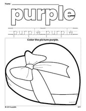 Free Valentine's Day chocolates color purple coloring page and color worksheet, purple worksheet for preschoolers to learn colors, printable PDF