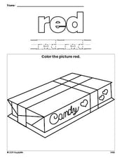 Free Valentine's Day chocolates color red coloring page and color worksheet, red worksheet for preschoolers to learn colors, printable PDF