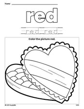 Free Valentine's Day chocolates color red coloring page and color worksheet, red worksheet for preschoolers to learn colors, printable PDF