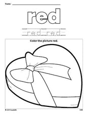 Free Valentine's Day chocolates color red coloring page and color worksheet, red worksheet for preschoolers to learn colors, printable PDF