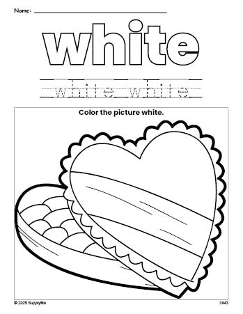 Free Valentine's Day chocolates color white coloring page and color worksheet, white worksheet for preschoolers to learn colors, printable PDF