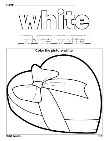 Free Valentine's Day chocolates color white coloring page and color worksheet, white worksheet for preschoolers to learn colors, printable PDF