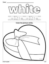 Free Valentine's Day chocolates color white coloring page and color worksheet, white worksheet for preschoolers to learn colors, printable PDF