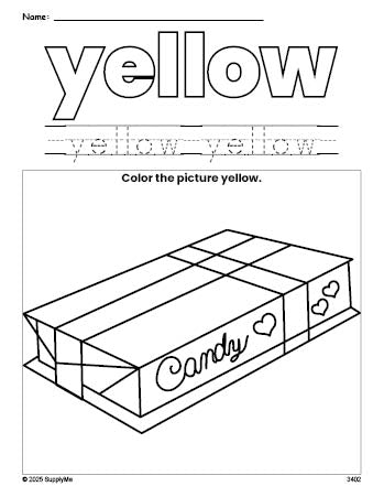 Free Valentine's Day chocolates color yellow coloring page and color worksheet, yellow worksheet for preschoolers to learn colors, printable PDF