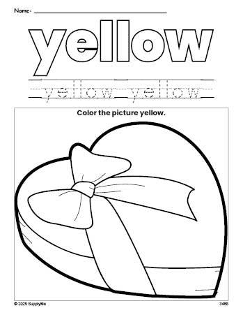 Free Valentine's Day chocolates color yellow coloring page and color worksheet, yellow worksheet for preschoolers to learn colors, printable PDF