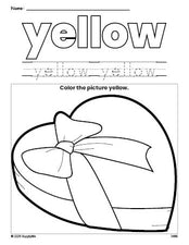 Free Valentine's Day chocolates color yellow coloring page and color worksheet, yellow worksheet for preschoolers to learn colors, printable PDF