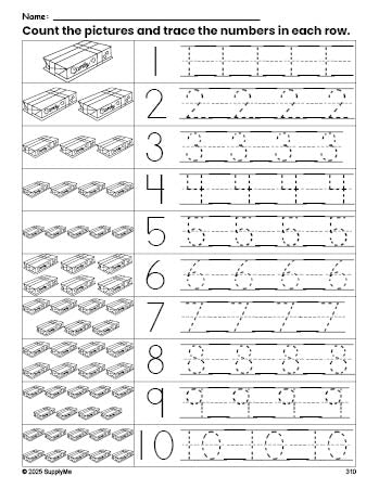 Free printable Valentine's Day chocolates counting worksheet for preschool and pre-k with number tracing practice 1-10, PDF