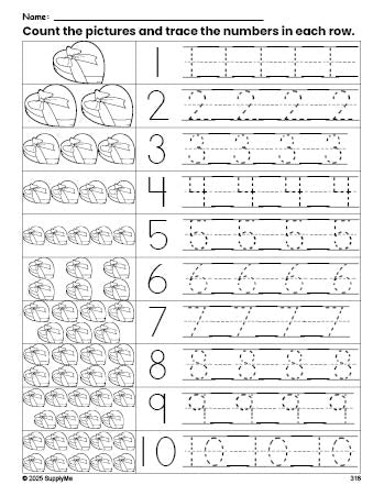 Free printable Valentine's Day chocolates counting worksheet for preschool and pre-k with number tracing practice 1-10, PDF