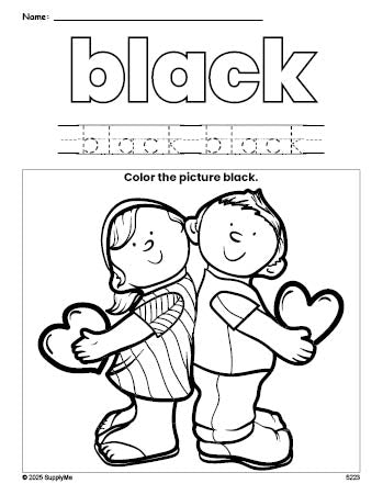 Free Valentine's Day couple color black coloring page and color worksheet, black worksheet for preschoolers to learn colors, printable PDF