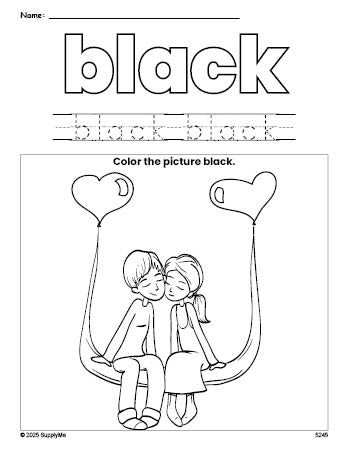 Free Valentine's Day couple color black coloring page and color worksheet, black worksheet for preschoolers to learn colors, printable PDF