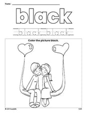 Free Valentine's Day couple color black coloring page and color worksheet, black worksheet for preschoolers to learn colors, printable PDF