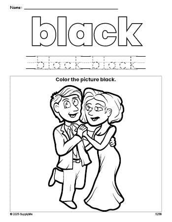 Free Valentine's Day couple color black coloring page and color worksheet, black worksheet for preschoolers to learn colors, printable PDF