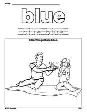 Free Valentine's Day couple color blue coloring page and color worksheet, blue worksheet for preschoolers to learn colors, printable PDF