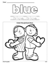 Free Valentine's Day couple color blue coloring page and color worksheet, blue worksheet for preschoolers to learn colors, printable PDF