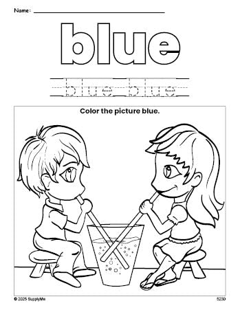 Free Valentine's Day couple color blue coloring page and color worksheet, blue worksheet for preschoolers to learn colors, printable PDF