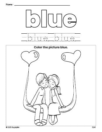 Free Valentine's Day couple color blue coloring page and color worksheet, blue worksheet for preschoolers to learn colors, printable PDF