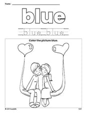 Free Valentine's Day couple color blue coloring page and color worksheet, blue worksheet for preschoolers to learn colors, printable PDF