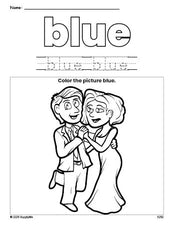 Free Valentine's Day couple color blue coloring page and color worksheet, blue worksheet for preschoolers to learn colors, printable PDF