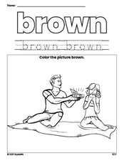 Free Valentine's Day couple color brown coloring page and color worksheet, brown worksheet for preschoolers to learn colors, printable PDF