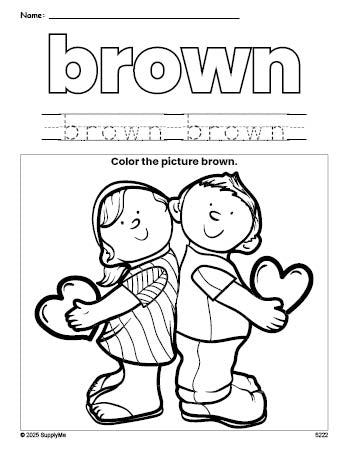 Free Valentine's Day couple color brown coloring page and color worksheet, brown worksheet for preschoolers to learn colors, printable PDF