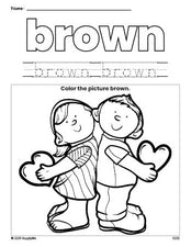 Free Valentine's Day couple color brown coloring page and color worksheet, brown worksheet for preschoolers to learn colors, printable PDF