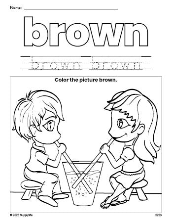 Free Valentine's Day couple color brown coloring page and color worksheet, brown worksheet for preschoolers to learn colors, printable PDF